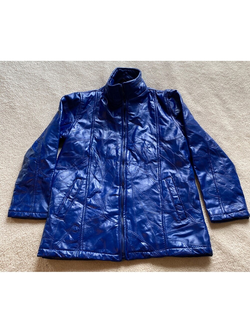 VTG Tudor Court by Haband BLUE PATCHWORK Leather Jacket Women's M 80s 90s Moto